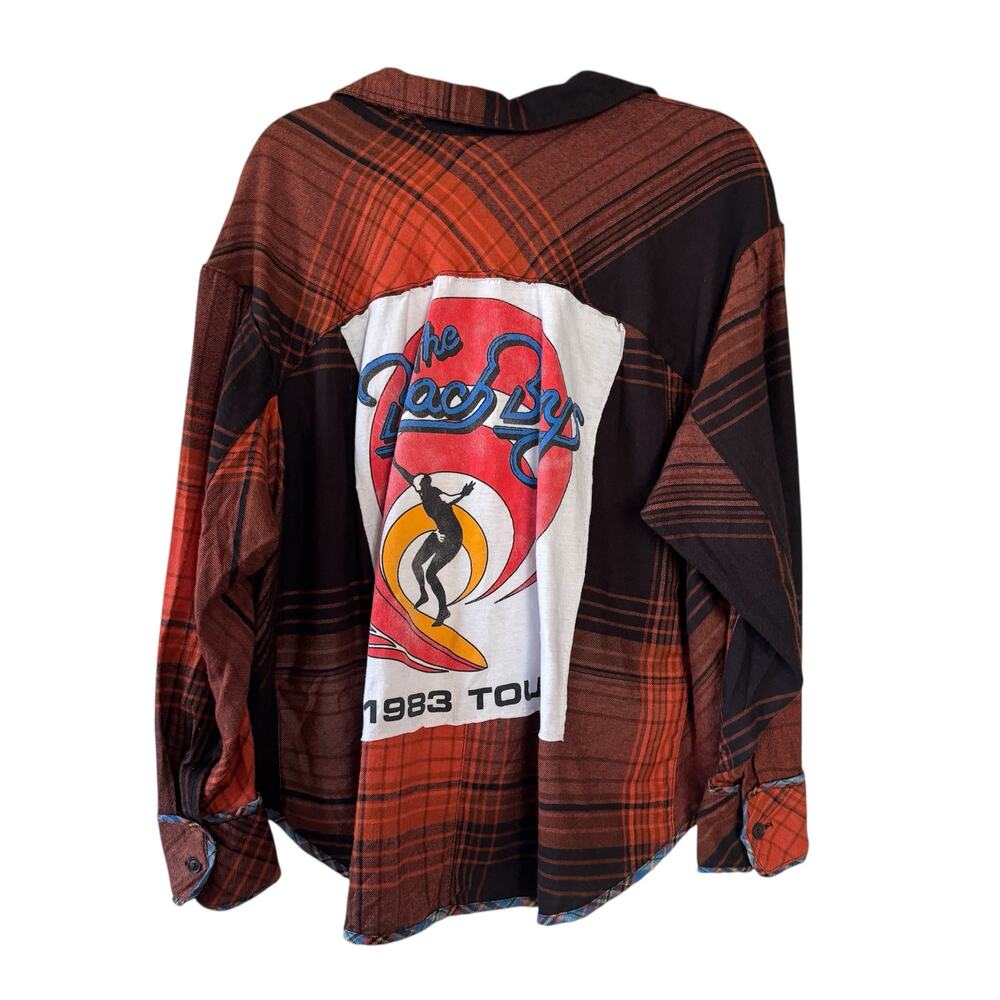 Reworked Apparel The Beach Boys Orange & Brown Upcycled Flannel Women's Medium - Picture 2 of 7